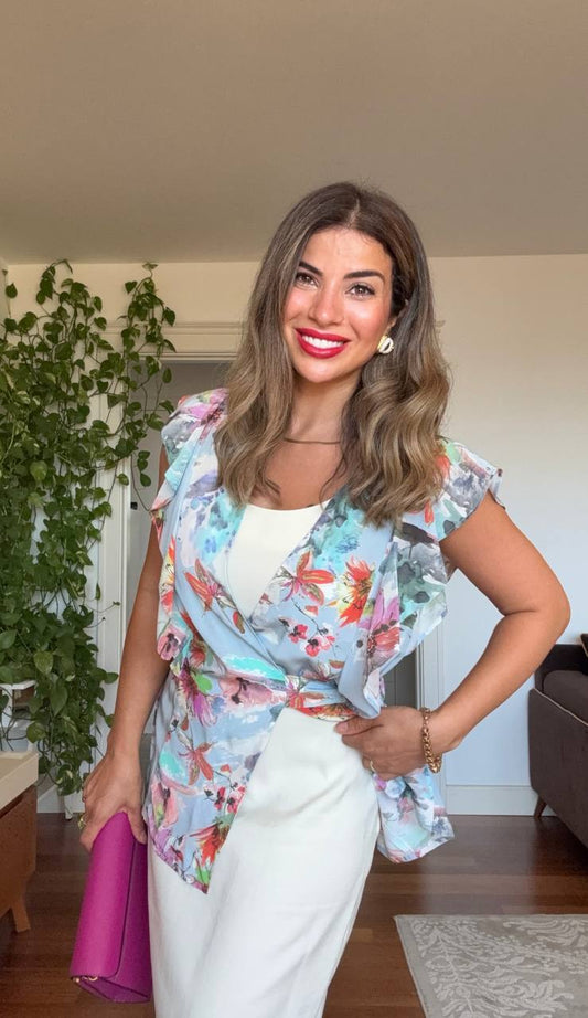 FLORAL PRINT BELTED DRESS WITH BLOUSE DETAIL – BLUE & ECRU