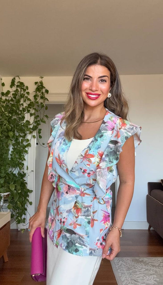 FLORAL PRINT BELTED DRESS WITH BLOUSE DETAIL – BLUE & ECRU