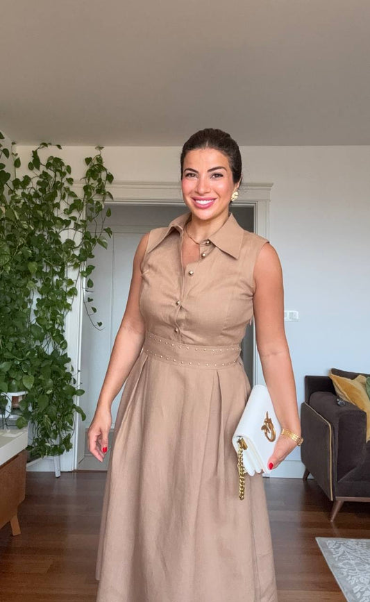 PEARL-DETAILED MIDI LINEN DRESS – CAMEL