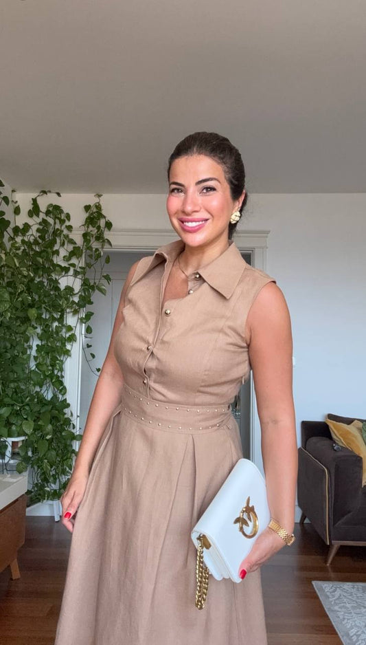 PEARL-DETAILED MIDI LINEN DRESS – CAMEL