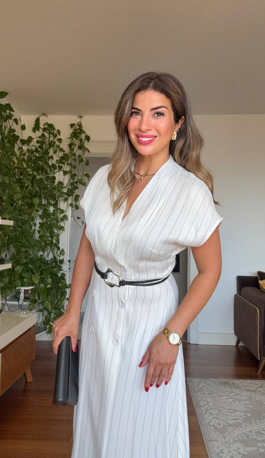 STRIPED WRAP-NECK BELTED MIDI DRESS – WHITE