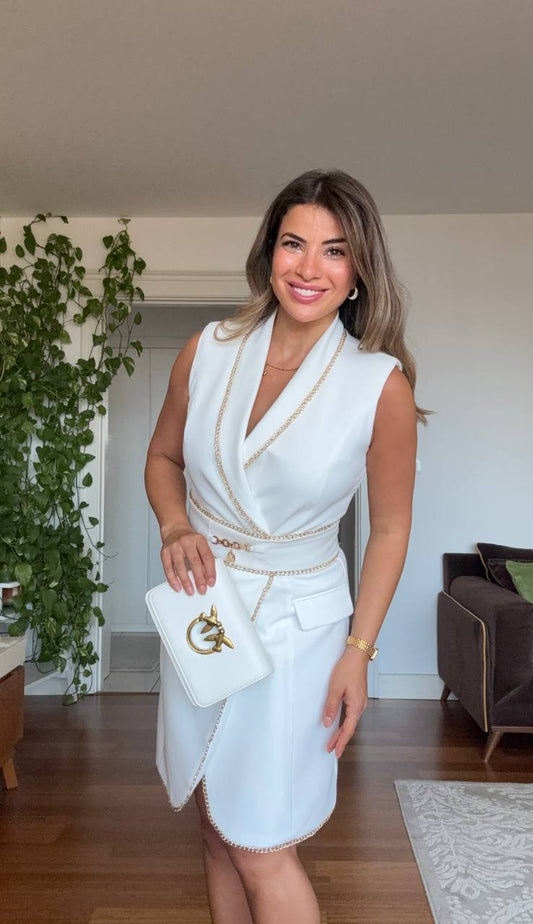 WRAP DRESS WITH CHAIN DETAILS - WHİTE