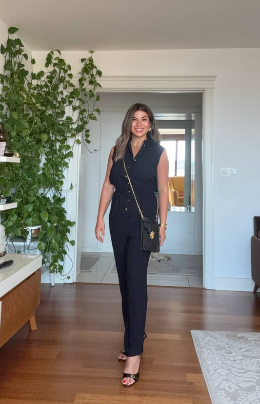 SLEEVELESS JUMPSUIT SET WITH GOLD BUTTON DETAILS – BLACK