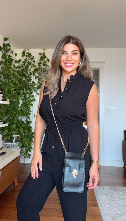 SLEEVELESS JUMPSUIT SET WITH GOLD BUTTON DETAILS – BLACK