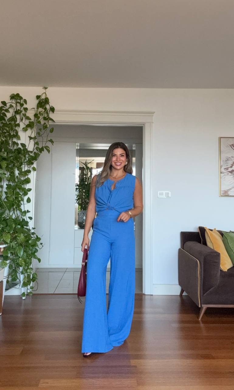 SLEEVELESS BUTTONED LINEN SET – COBALT BLUE