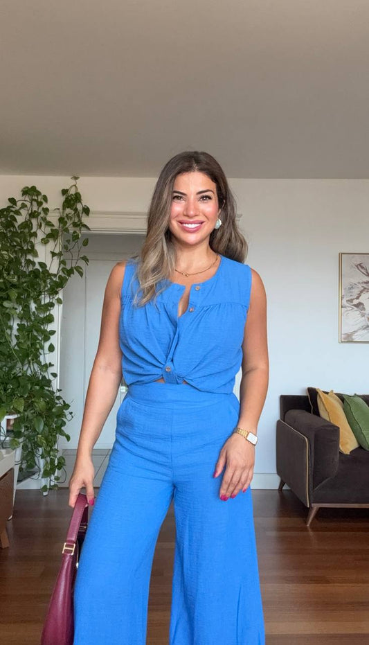 SLEEVELESS BUTTONED LINEN SET – COBALT BLUE
