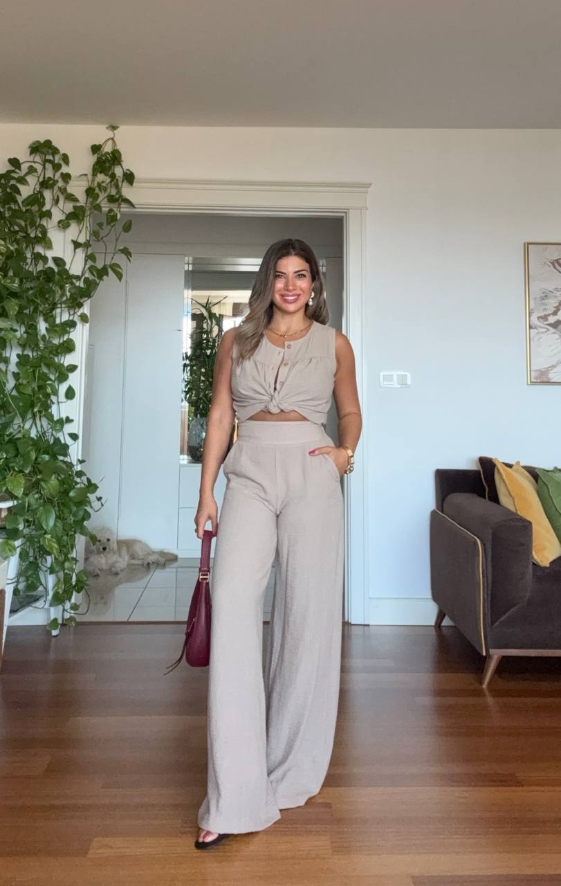SLEEVELESS BUTTONED LINEN SET – MİNK