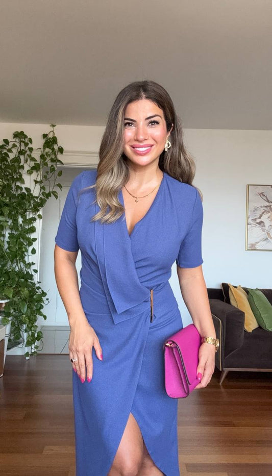 GOLD DETAILED WRAP-STYLE SHORT SLEEVE MIDI DRESS - SAPPHIRE BLUE