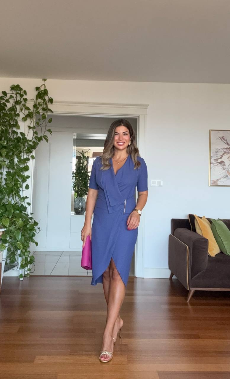 GOLD DETAILED WRAP-STYLE SHORT SLEEVE MIDI DRESS - SAPPHIRE BLUE