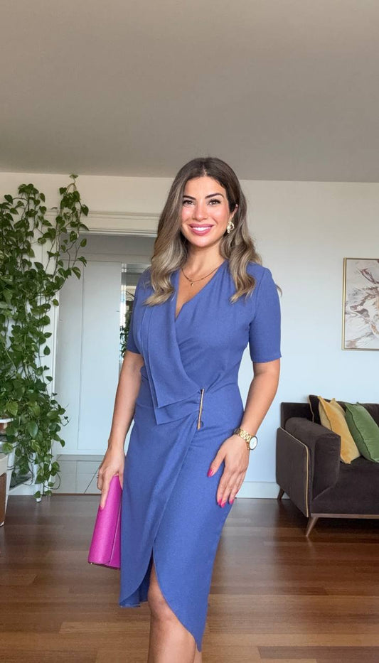 GOLD DETAILED WRAP-STYLE SHORT SLEEVE MIDI DRESS - SAPPHIRE BLUE