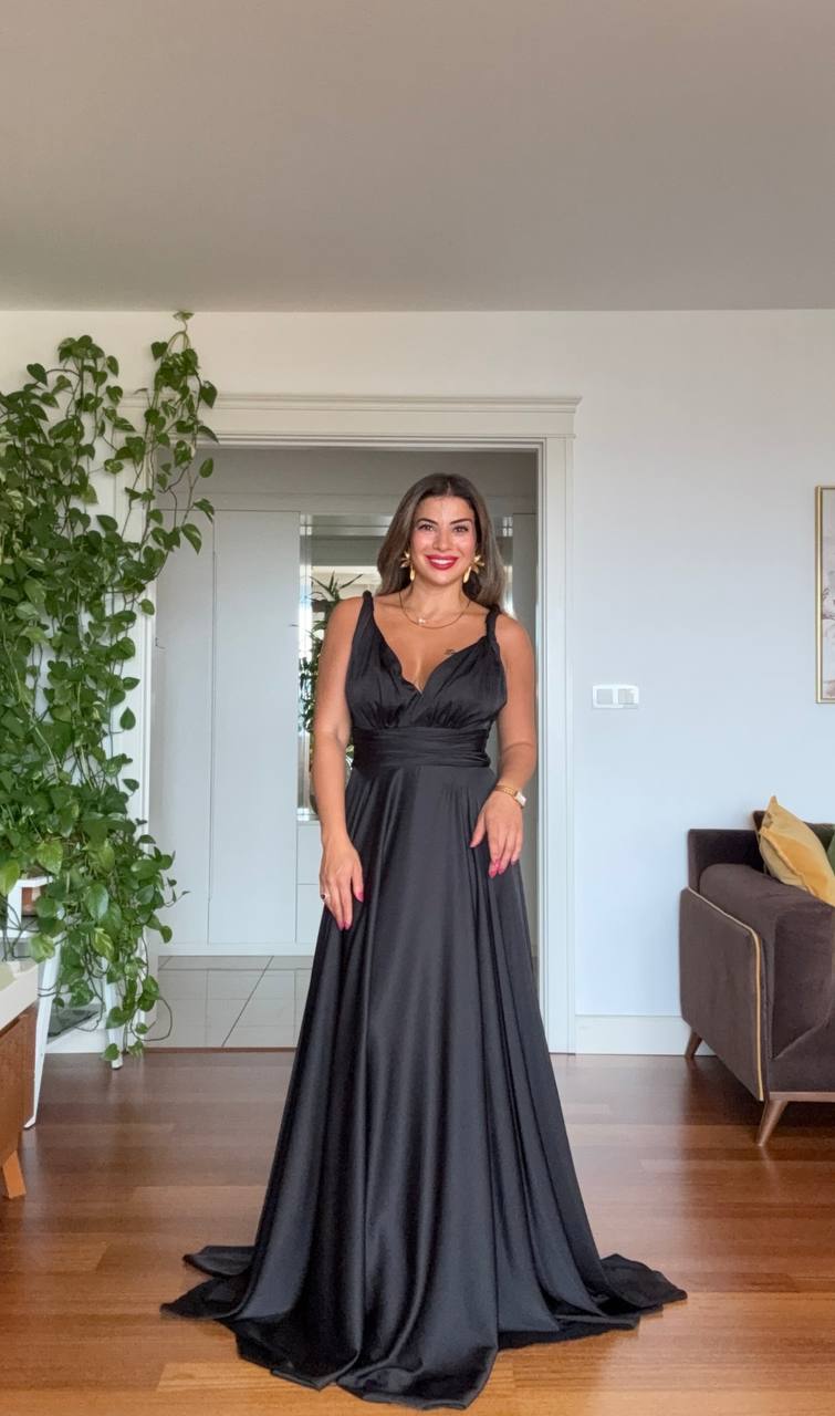 SATIN TEXTURED WRAP EVENING DRESS – BLACK