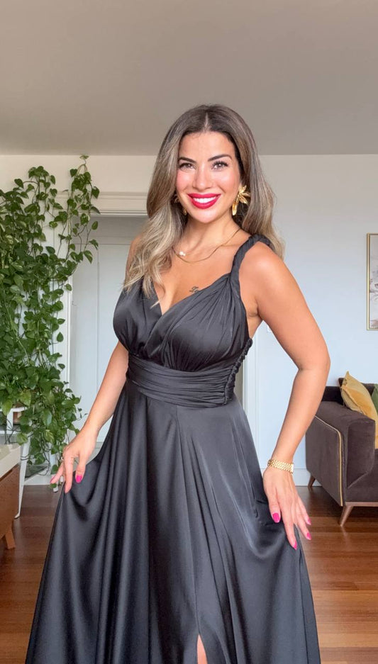 SATIN TEXTURED WRAP EVENING DRESS – BLACK