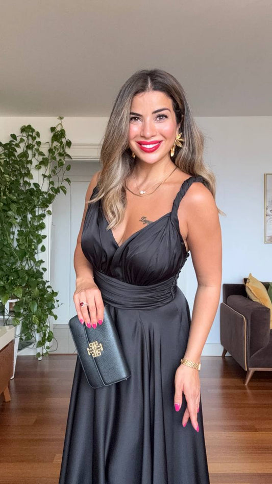 SATIN TEXTURED WRAP EVENING DRESS – BLACK