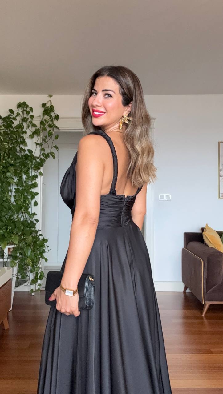 SATIN TEXTURED WRAP EVENING DRESS – BLACK