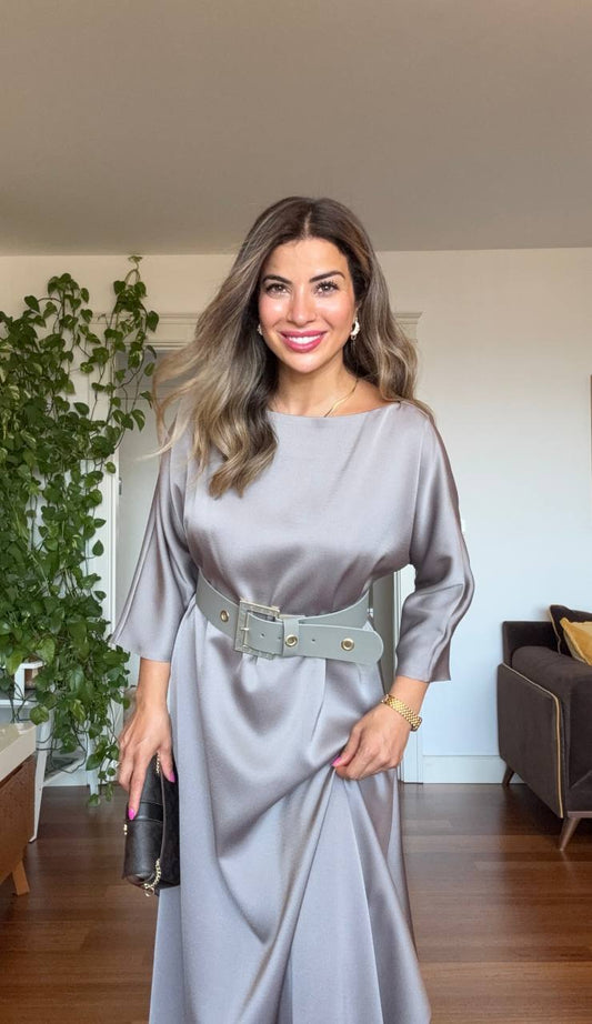 OVERSIZED BELTED MIDI DRESS – MINK