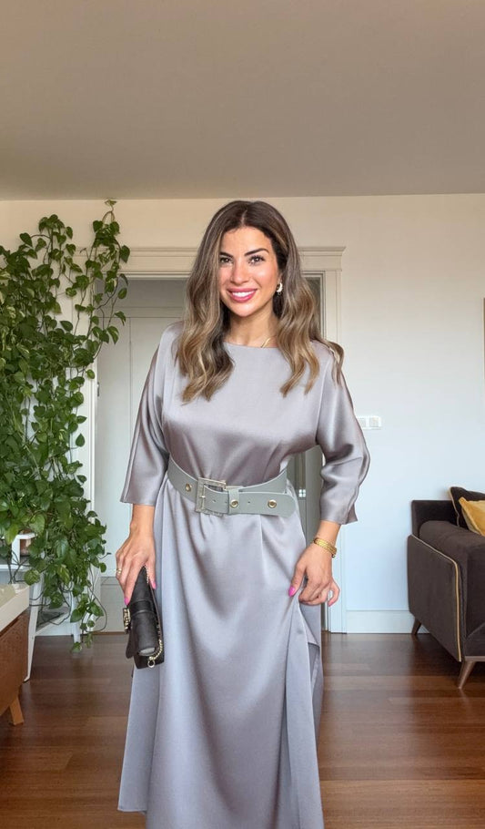 OVERSIZED BELTED MIDI DRESS – MINK