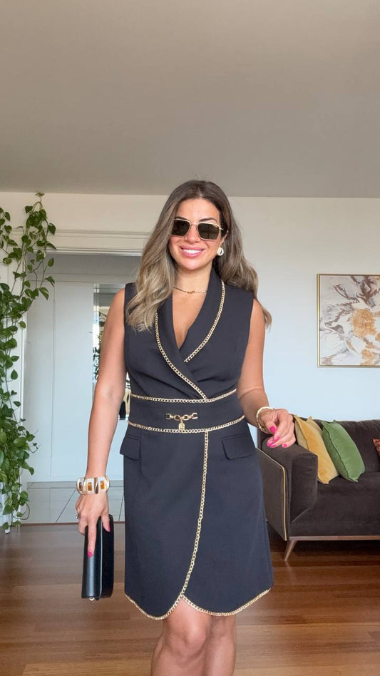 WRAP DRESS WITH CHAIN DETAILS - BLACK