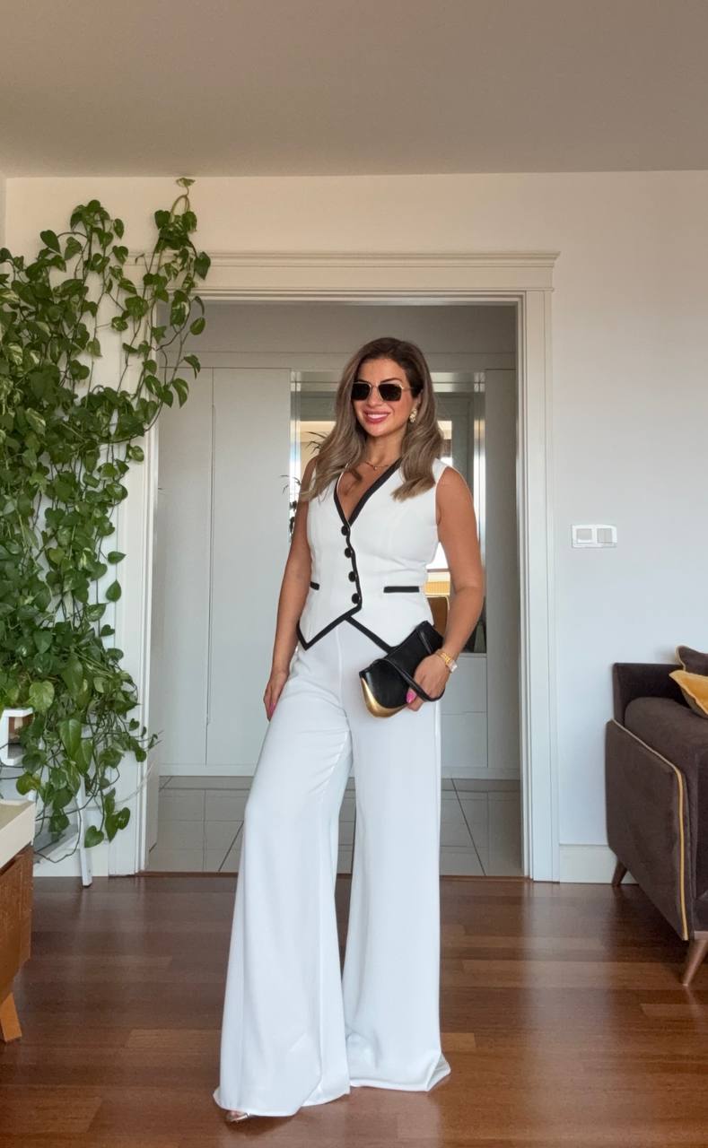 BUTTON DETAIL CONTRAST TRIM ELEGANT SUIT - WHİTE