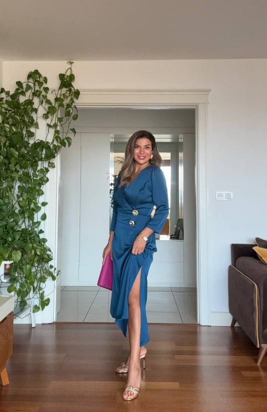 GOLD BUTTON DETAIL WRAP DRESS – GREEN