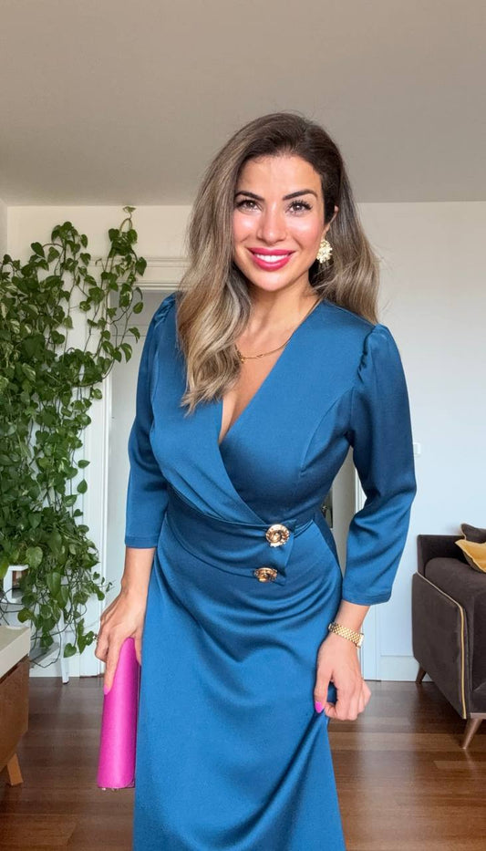 GOLD BUTTON DETAIL WRAP DRESS – GREEN