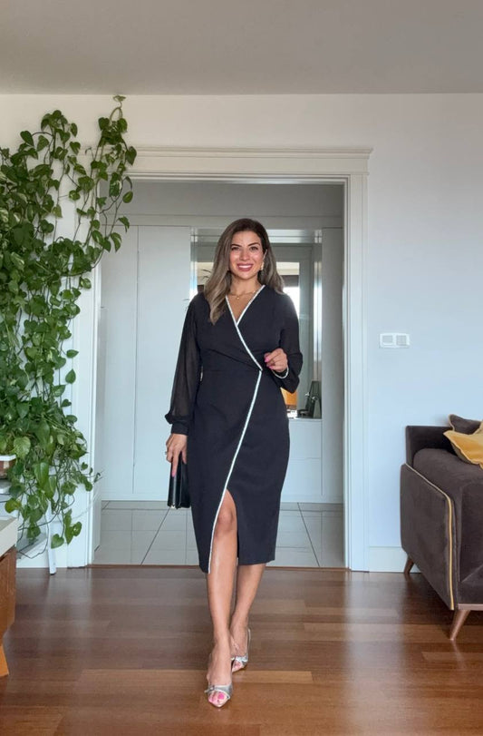 PEARL-TRIMMED WRAP MIDI DRESS – BLACK