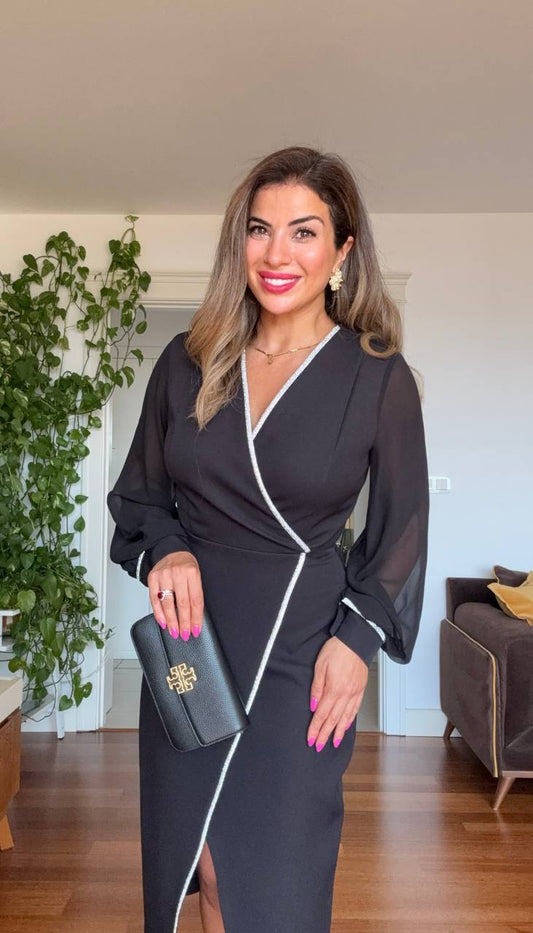 PEARL-TRIMMED WRAP MIDI DRESS – BLACK