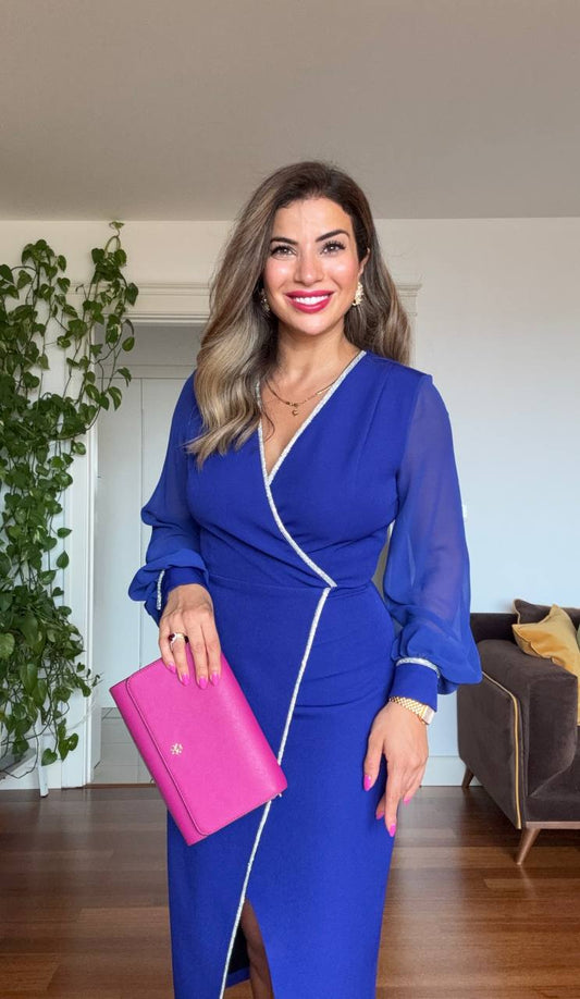 PEARL-TRIMMED WRAP MIDI DRESS – BLUE