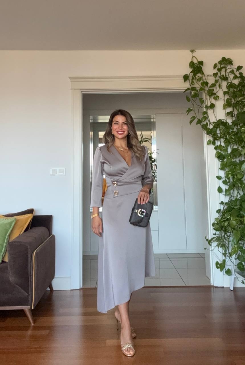 GOLD BUTTON DETAIL WRAP DRESS – MİNK