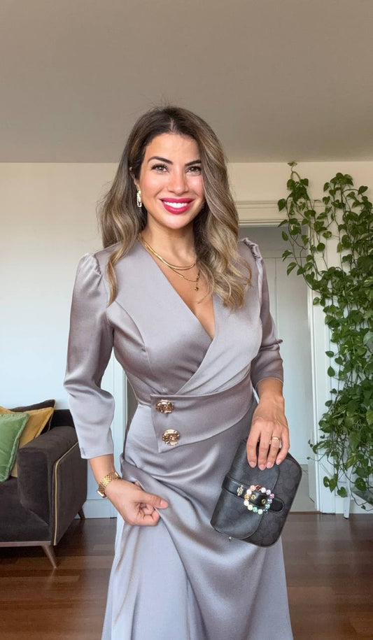 GOLD BUTTON DETAIL WRAP DRESS – MİNK