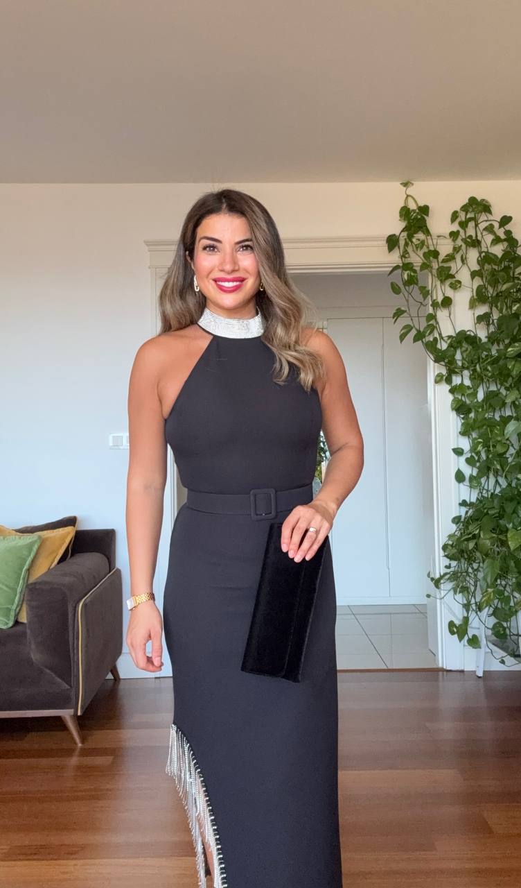 SPARKLING NECKLINE AND SLIT DETAIL EVENING DRESS - BLACK