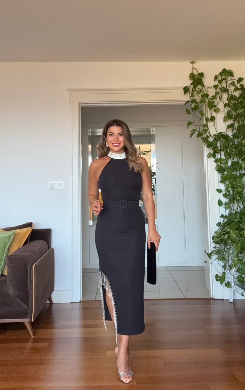 SPARKLING NECKLINE AND SLIT DETAIL EVENING DRESS - BLACK