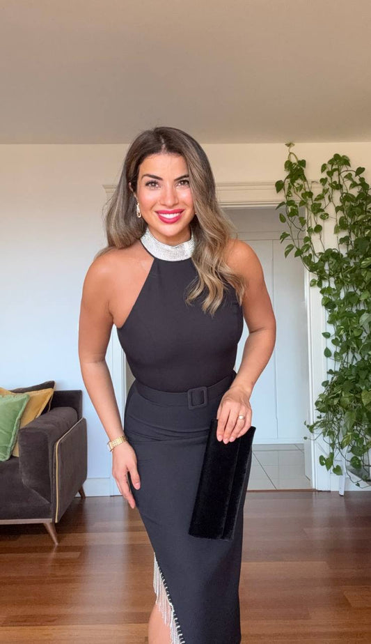 SPARKLING NECKLINE AND SLIT DETAIL EVENING DRESS - BLACK