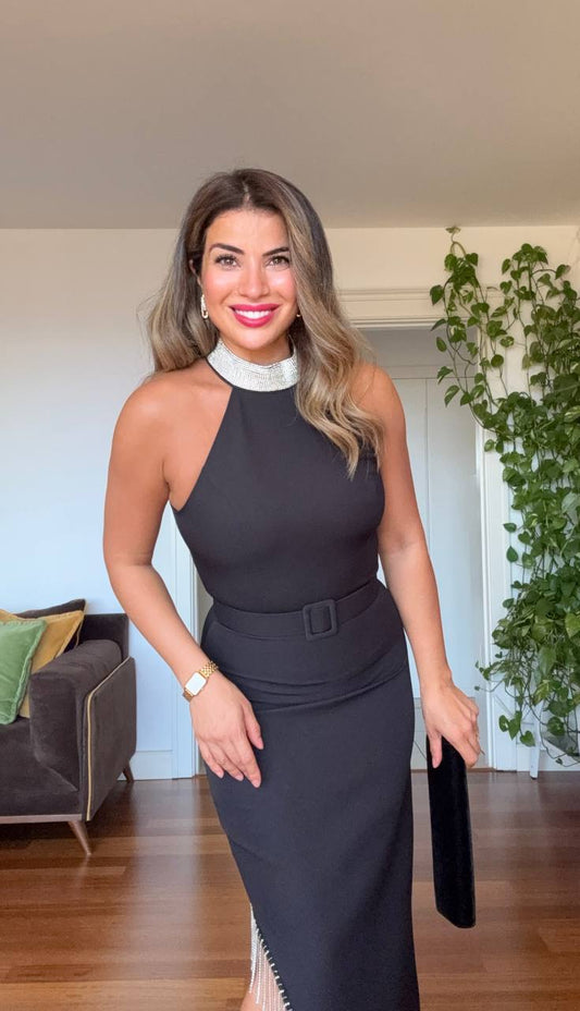 SPARKLING NECKLINE AND SLIT DETAIL EVENING DRESS - BLACK