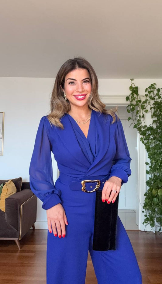 JUMPSUIT WITH GOLD BUCKLE AND CHIFFON SLEEVES – ROYAL BLUE