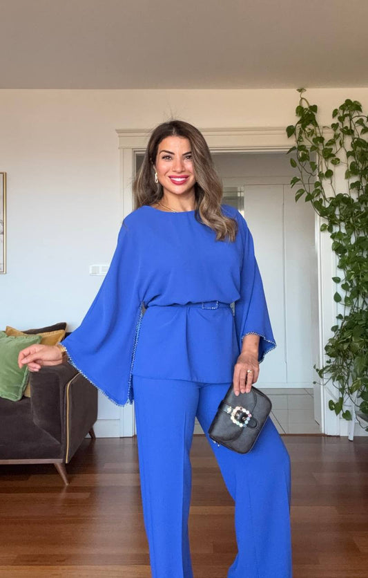 STONE-EMBELLISHED WIDE-LEG PANTS - SAPPHIRE BLUE