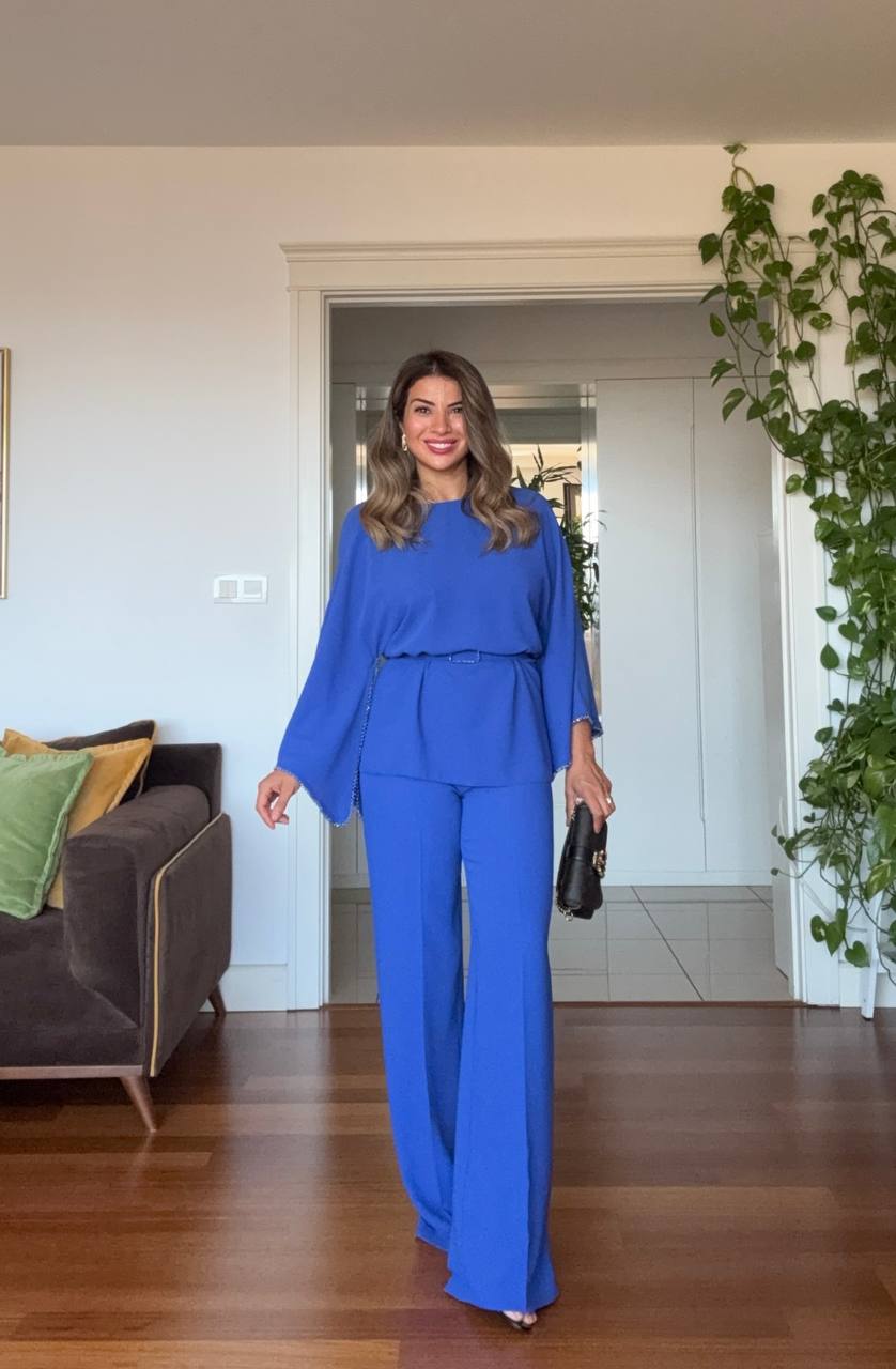 STONE-EMBELLISHED WIDE-LEG PANTS - SAPPHIRE BLUE