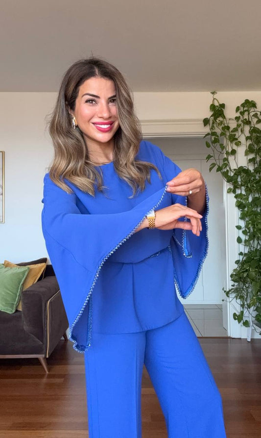 STONE-EMBELLISHED WIDE-LEG PANTS - SAPPHIRE BLUE