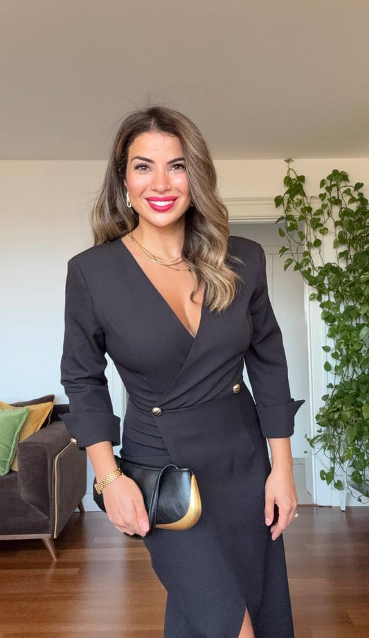 GOLD BUTTON DETAIL WRAP NECKLINE MIDI DRESS - BLACK