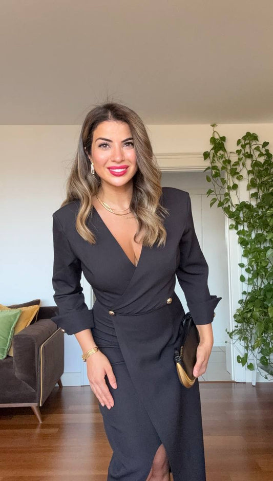 GOLD BUTTON DETAIL WRAP NECKLINE MIDI DRESS - BLACK