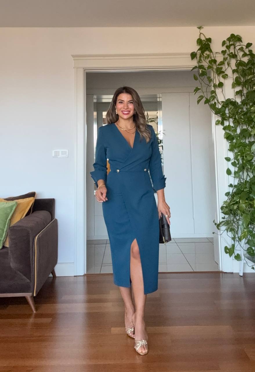 GOLD BUTTON DETAIL WRAP NECKLINE MIDI DRESS - GREEN