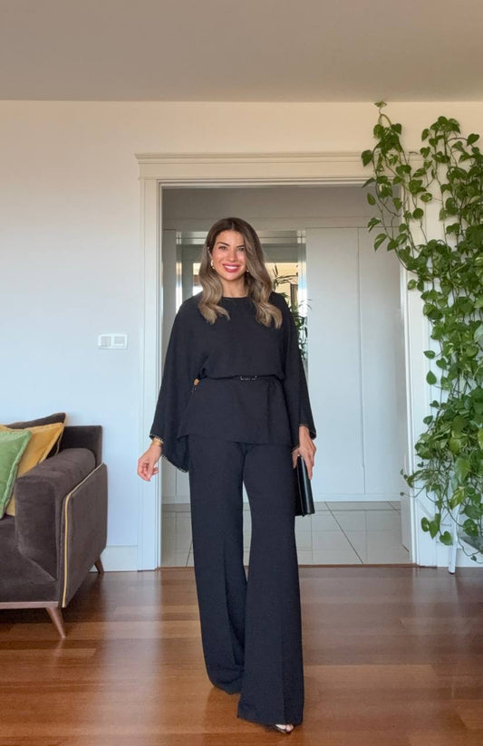 PEARL-TRIM WIDE-LEG SUIT - BLACK