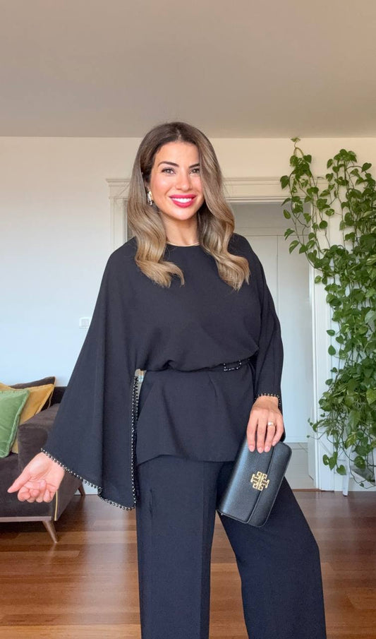 PEARL-TRIM WIDE-LEG SUIT - BLACK