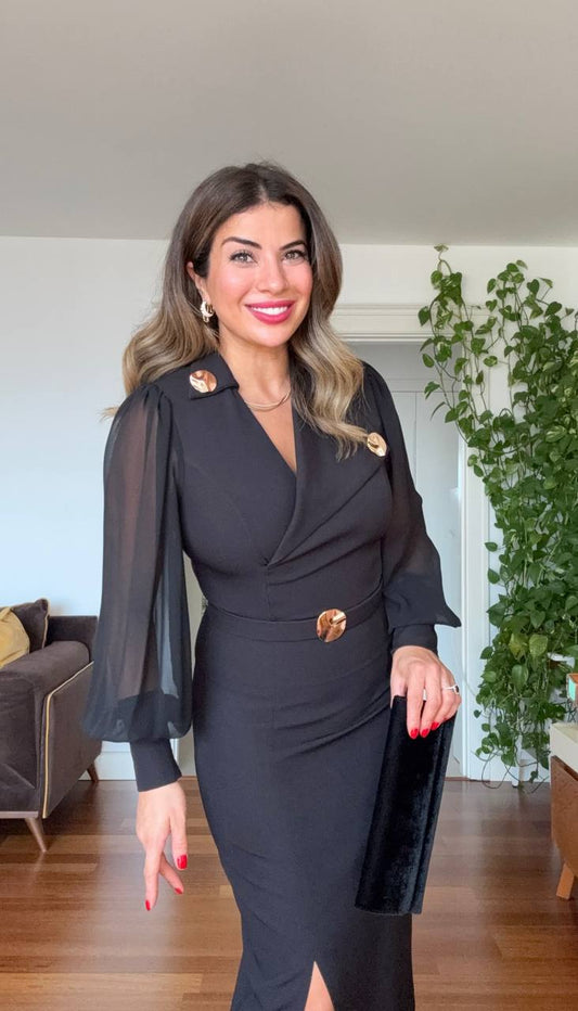 BROOCH DETAIL CHIFFON SLEEVE WRAP MIDI DRESS – BLACK