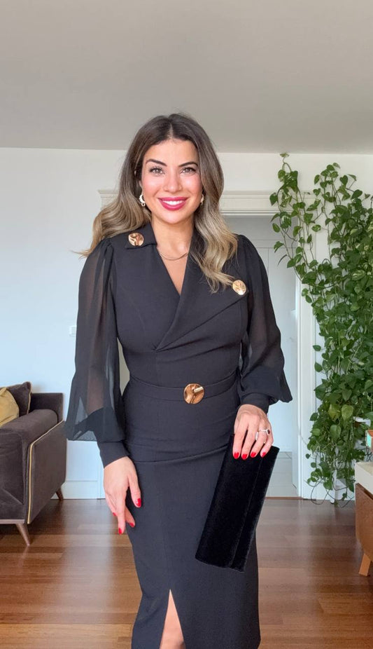 BROOCH DETAIL CHIFFON SLEEVE WRAP MIDI DRESS – BLACK