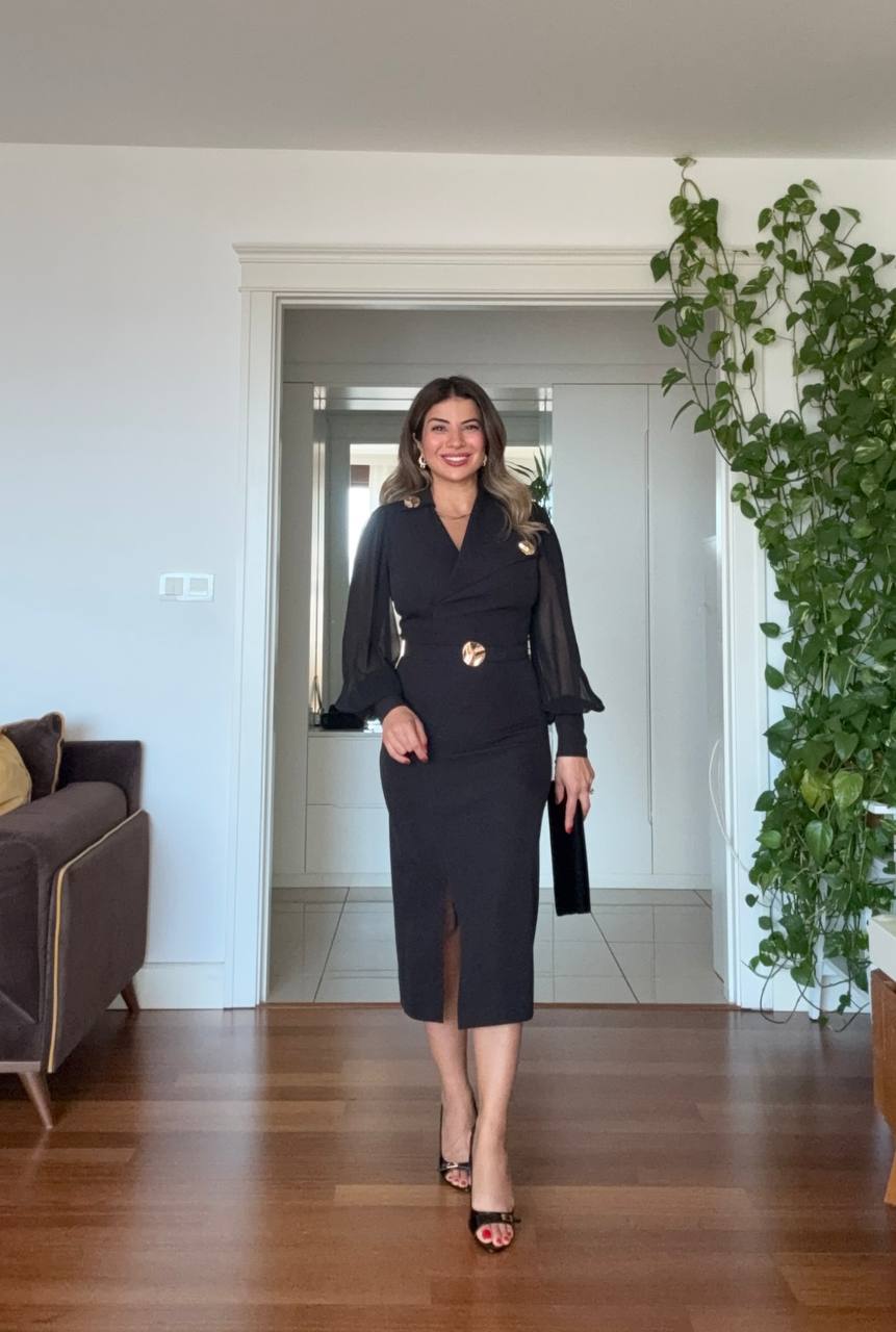 BROOCH DETAIL CHIFFON SLEEVE WRAP MIDI DRESS – BLACK