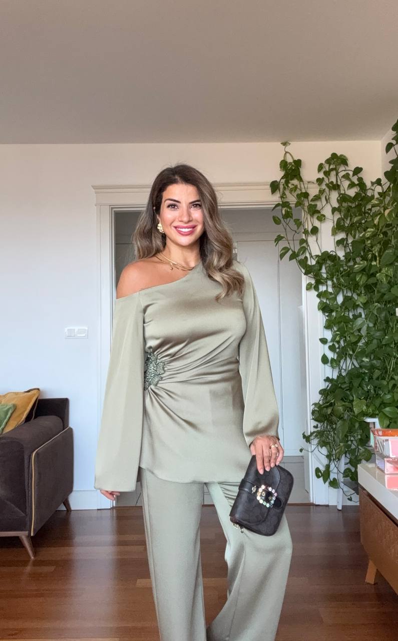 ASYMMETRICAL ONE-SHOULDER EMBELLISHED SUIT – MINT