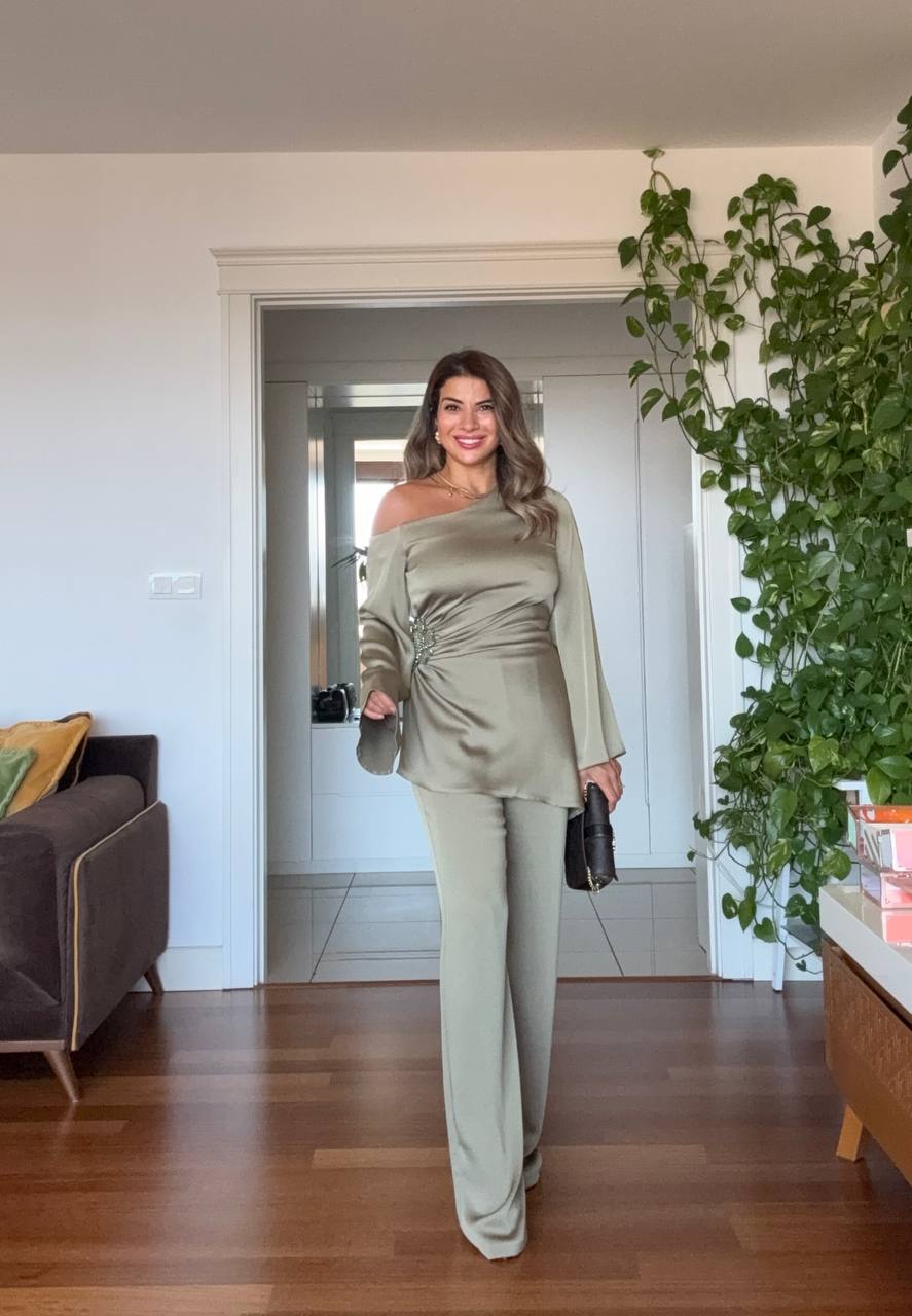 ASYMMETRICAL ONE-SHOULDER EMBELLISHED SUIT – MINT