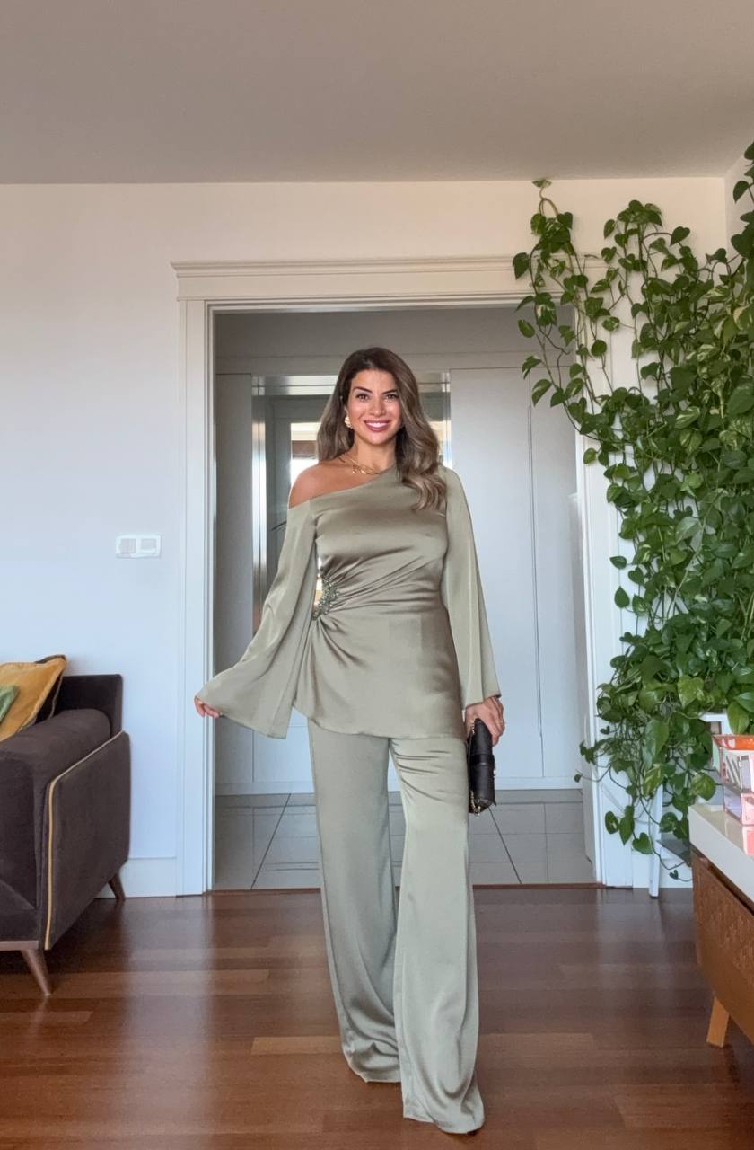 ASYMMETRICAL ONE-SHOULDER EMBELLISHED SUIT – MINT