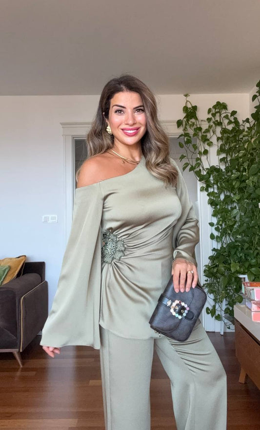 ASYMMETRICAL ONE-SHOULDER EMBELLISHED SUIT – MINT