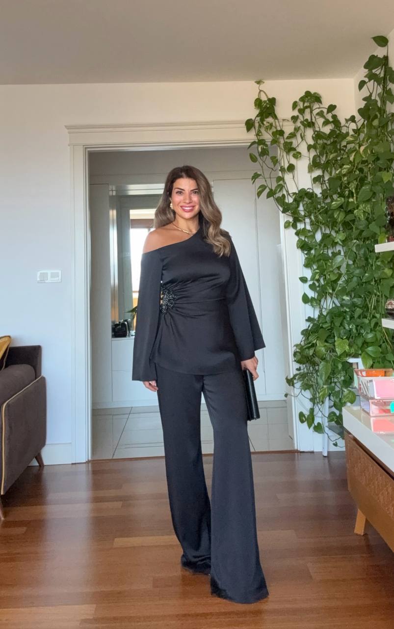 ASYMMETRICAL ONE-SHOULDER EMBELLISHED SUIT – BLACK